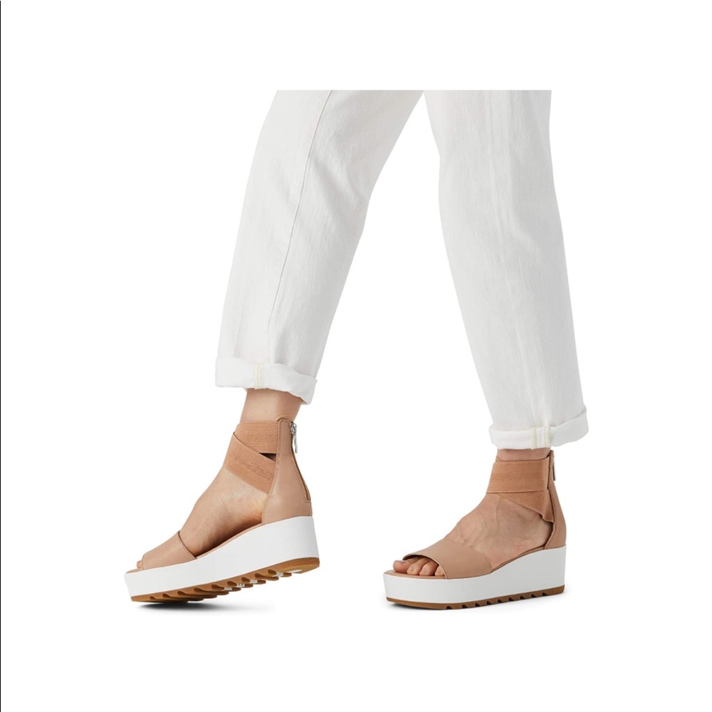 Sorel Tan Leather Ankle-Wrap Wedge Sandals with White Platform